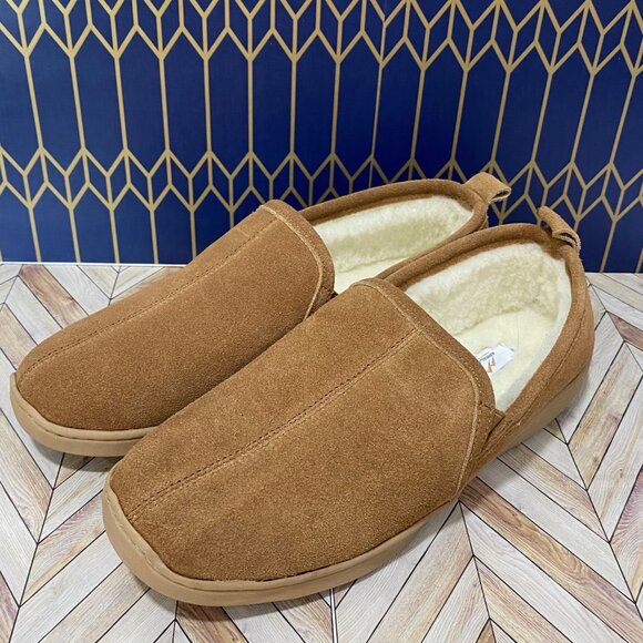 Mens Tan Suede Slip-On Slippers With Faux Shearling Lining & Rubber Sole NWOT - Picture 3 of 12